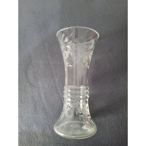 Clear Etched Glass Vase Floral Etched Art Deco Flare Vintage Flare Funnel - Picture 10 of 10